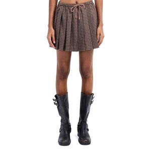 YUMI ROW Women's Ella Checkered Pleated Skirt Size S In Brown